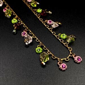 Signed MICHAL NEGRIN Dainty Floral Crystal Necklace Pink Green Gold Tone 16 1/2"